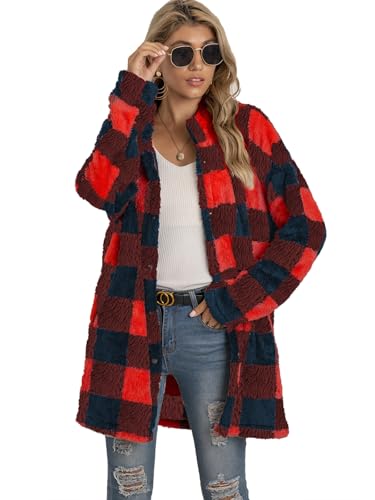 LIAMERHE Damen Fleecejacke Flanell Plaid Jacke mit Druckknopf Langarm Herbst Winter Warm Top Weiche Freizeitjacke Plüschjacke Wintermantel Teddyjacke für Frauen Parka Cardigan Rot M von LIAMERHE