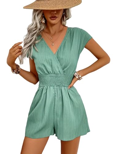 LIAMERHE Damen Jumpsuit V-Ausschnitt Sommer Elegant Casual Playsuit Kurz Overalls Romper Beachwear Lose Vertikaler Streifen Grün M von LIAMERHE