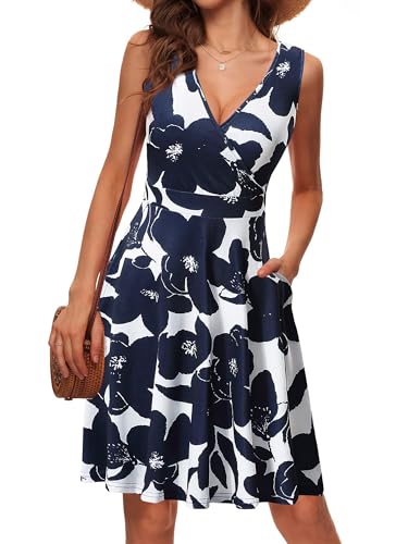 LIAMERHE Damen Kleid Elegant V-Ausschnitt Casual Ärmellos Kleider A-Linie Sommerkleid Blumenmuster Mode Freizeitkleider mit Tasche Blumen-1 S von LIAMERHE