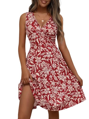 LIAMERHE Damen Kleid Elegant V-Ausschnitt Casual Ärmellos Kleider A-Linie Sommerkleid Blumenmuster Mode Freizeitkleider mit Tasche Blumen-3 M von LIAMERHE