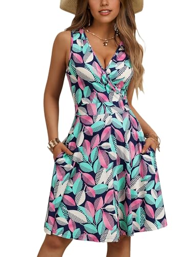 LIAMERHE Damen Kleid Elegant V-Ausschnitt Casual Ärmellos Kleider A-Linie Sommerkleid Blumenmuster Mode Freizeitkleider mit Tasche Blumen-6 XXL von LIAMERHE