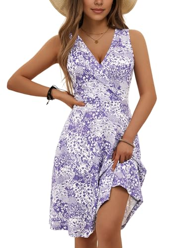 LIAMERHE Damen Kleid Elegant V-Ausschnitt Casual Ärmellos Kleider A-Linie Sommerkleid Blumenmuster Mode Freizeitkleider mit Tasche Blumen-7 XL von LIAMERHE