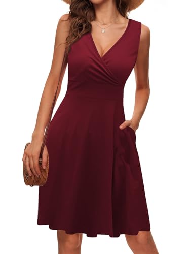 LIAMERHE Damen Kleid Elegant V-Ausschnitt Casual Ärmellos Kleider A-Linie Sommerkleid Blumenmuster Mode Freizeitkleider mit Tasche Burgund XL von LIAMERHE