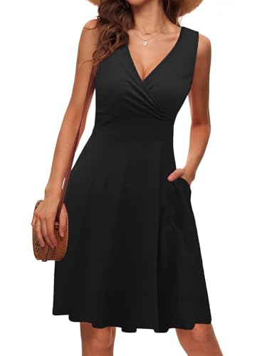 LIAMERHE Damen Kleid Elegant V-Ausschnitt Casual Ärmellos Kleider A-Linie Sommerkleid Blumenmuster Mode Freizeitkleider mit Tasche Schwarz XXL von LIAMERHE