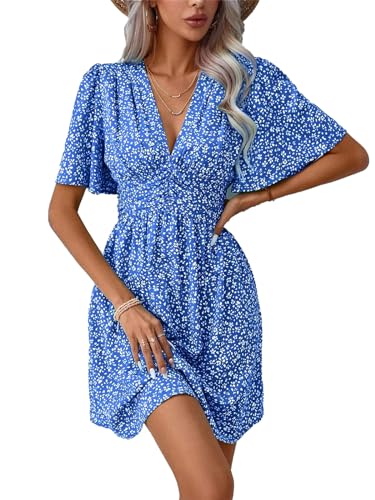 LIAMERHE Damen Kleid Elegant V-Ausschnitt Casual Kurze Ärmel Kleider A-Linie Sommerkleid Blumen Minikleid Freizeitkleider Schmetterlingsärmel Kleid Himmelblau XXL von LIAMERHE