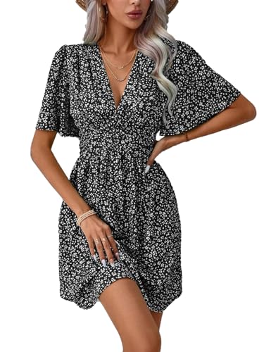 LIAMERHE Damen Kleid Elegant V-Ausschnitt Casual Kurze Ärmel Kleider A-Linie Sommerkleid Blumen Minikleid Freizeitkleider Schmetterlingsärmel Kleid Schwarz XXL von LIAMERHE