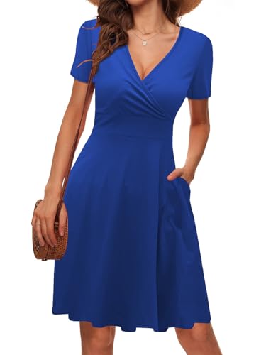 LIAMERHE Damen Kleid Elegant V-Ausschnitt Casual Kurze Ärmel Kleider A-Linie Sommerkleid Blumenmuster Mode Freizeitkleider mit Tasche Blau M von LIAMERHE