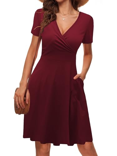 LIAMERHE Damen Kleid Elegant V-Ausschnitt Casual Kurze Ärmel Kleider A-Linie Sommerkleid Blumenmuster Mode Freizeitkleider mit Tasche Burgunderrot M von LIAMERHE