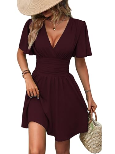 LIAMERHE Damen Kleid Elegant V-Ausschnitt Casual Kurze Ärmel Kleider A-Linie Sommerkleid Minikleid Freizeitkleider Schmetterlingsärmel Kleid Fuchsia XXL von LIAMERHE