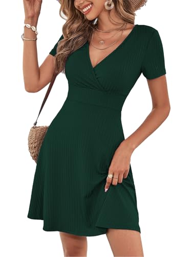 LIAMERHE Damen Kleid Elegant V-Ausschnitt Casual Kurze Ärmel Kleider A-Linie Sommerkleid Vertikale Streifen Mode Freizeitkleider Grün XL von LIAMERHE