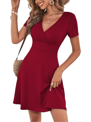 LIAMERHE Damen Kleid Elegant V-Ausschnitt Casual Kurze Ärmel Kleider A-Linie Sommerkleid Vertikale Streifen Mode Freizeitkleider Rot XL von LIAMERHE