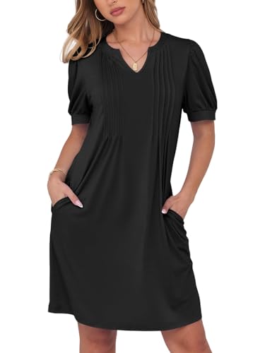 LIAMERHE Damen Kleid Elegant V-Ausschnitt Casual Kurze Ärmel Kleider Einfarbige Sommerkleid Mode Freizeitkleider mit Tasche Schwarz XL von LIAMERHE
