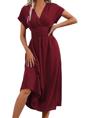 LIAMERHE Damen Kurzarm V-Ausschnitt Sommerkleid Elegant Lang Kleider Freizeitkleider Plissee Hohe Taille Lässiges Kleid Boho Stil A-Linie Strandkleid Burgund M von LIAMERHE