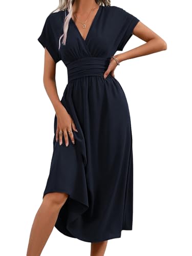 LIAMERHE Damen Kurzarm V-Ausschnitt Sommerkleid Elegant Lang Kleider Freizeitkleider Plissee Hohe Taille Lässiges Kleid Boho Stil A-Linie Strandkleid Marineblau M von LIAMERHE