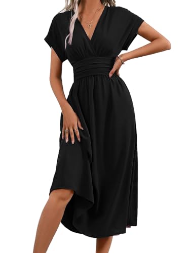 LIAMERHE Damen Kurzarm V-Ausschnitt Sommerkleid Elegant Lang Kleider Freizeitkleider Plissee Hohe Taille Lässiges Kleid Boho Stil A-Linie Strandkleid Schwarz S von LIAMERHE