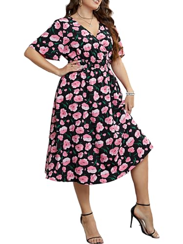 LIAMERHE Damen Übergröße Kleid Elegant V-Ausschnitt Große Größen Casual Kurzarm Kleider A Linie Sommerkleid Blumenmuster Mode Freizeitkleider von LIAMERHE