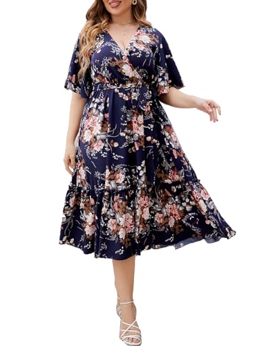 LIAMERHE Damen Übergröße Kleid Elegant V-Ausschnitt Große Größen Casual Kurzarm Kleider A Linie Sommerkleid Blumenmuster Mode Freizeitkleider von LIAMERHE