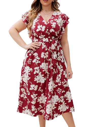 LIAMERHE Damen Übergröße Kleid Elegant V-Ausschnitt Große Größen Casual Kurzarm Kleider A Linie Sommerkleid Blumenmuster Mode Freizeitkleider von LIAMERHE