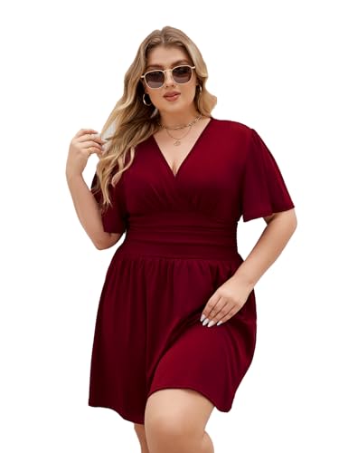 LIAMERHE Damen Übergröße Sommerkleid mit V-Ausschnitt und Schmetterlingsärmeln A-Linie Kurzarmkleid für Mollige Frauen Elegantes Casual Mode Freizeitkleid in Plus Size Burgund XL von LIAMERHE