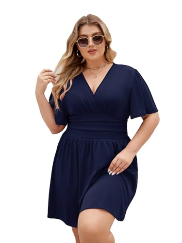 LIAMERHE Damen Übergröße Sommerkleid mit V-Ausschnitt und Schmetterlingsärmeln A-Linie Kurzarmkleid für Mollige Frauen Elegantes Casual Mode Freizeitkleid in Plus Size Marine 3XL von LIAMERHE