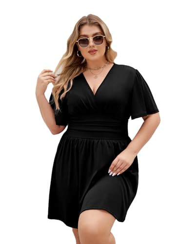 LIAMERHE Damen Übergröße Sommerkleid mit V-Ausschnitt und Schmetterlingsärmeln A-Linie Kurzarmkleid für Mollige Frauen Elegantes Casual Mode Freizeitkleid in Plus Size Schwarz XXL von LIAMERHE