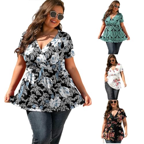 LIAMERHE Damen Übergröße V-Ausschnitt Oberteil Sommer Elegantes Casual Kurzarm A-Linien Tops Floral Blouse Große Größen Elastische Taille Shirts Blau 3XL von LIAMERHE