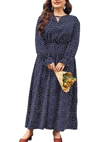 LIAMERHE Damen Übergröße Winterkleid Rundhalsausschnitt Langarm A-Linie Große Größen Casual Kleid für Mollige Frauen Freizeitkleid Polka Dot Maxikleid Blau XL von LIAMERHE
