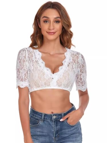 LIAMERHE Dirndl Bluse Damen Spitze Weiß Dirndlbluse Kurzarm DirndlBlusen V Ausschnitt Trachtenbluse für Oktoberfest Oktoberfest Kostüm Elegant Halbarm Spitzenblus von LIAMERHE