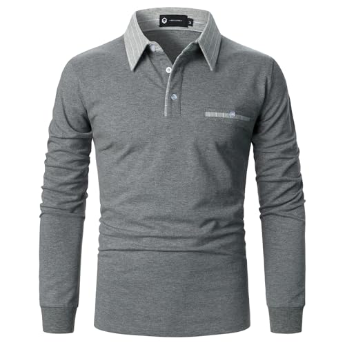 LIAMERHE Herren Poloshirt Baumwolle Langarm Polo Shirt Basic Polohemd Tennis Basic Golf T Shirts Casual Tops für Männer Grau M von LIAMERHE