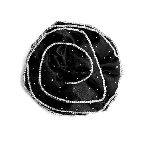 LIANCHEN 13.5 cm Blumenbrosche Schwarze Klassische Stoff Brosche Große Stoff Brosche mit Kristall Blume Haarspange Damen Headwear Kopfschmuck Floral Blooming Brosche für Damen, Anzug, Kleid (Schwarz) von LIANCHEN