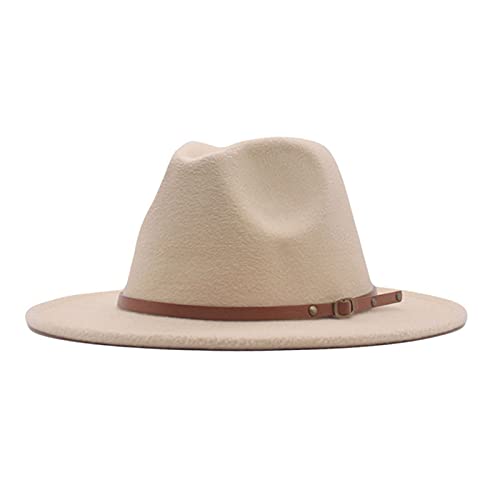 LIANGFANG Damen Fedora Hut Breite Krempe Floppy Wollfilz Filzhut Lederband Womens Classic Wide Brim Floppy Panama Hat Belt Buckle Wool Fedora Hat, Beige, Einheitsgröße, AAC01 von LIANGFANG