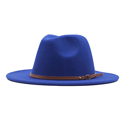 LIANGFANG Damen Fedora Hut Breite Krempe Floppy Wollfilz Filzhut Lederband Womens Classic Wide Brim Floppy Panama Hat Belt Buckle Wool Fedora Hat, Blau, Einheitsgröße, AAC01 von LIANGFANG