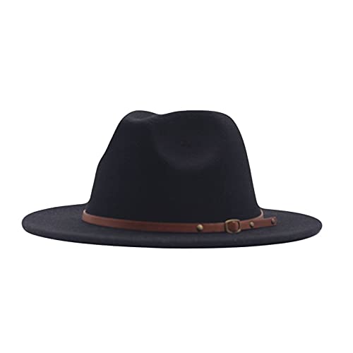 LIANGFANG Damen Fedora Hut Breite Krempe Floppy Wollfilz Filzhut Lederband Womens Classic Wide Brim Floppy Panama Hat Belt Buckle Wool Fedora Hat, Schwarz, Einheitsgröße, AAC01 von LIANGFANG