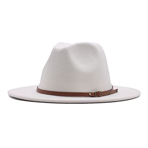 LIANGFANG Damen Fedora Hut Breite Krempe Floppy Wollfilz Filzhut Lederband Womens Classic Wide Brim Floppy Panama Hat Belt Buckle Wool Fedora Hat, Weiß, Einheitsgröße, AAC01 von LIANGFANG