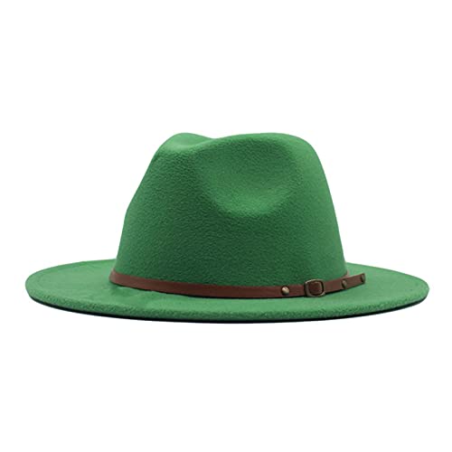 LIANGFANG Damen Fedora Hut Breite Krempe Floppy Wollfilz Filzhut Lederband Womens Classic Wide Brim Panama Hat Belt Buckle Wool Hat, AAC01, Grün, Einheitsgröße von LIANGFANG