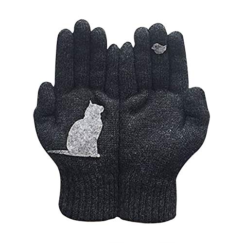 LIANGFANG Frauen Herbst Winter Strick Gloves Mit Katze Und Fisch Motiv,Touchscreen Handschuhe Radfahren FüR Women Fingerhandschuhe Sport Warm Winddicht Handschuhe FüR Skifahren von LIANGFANG