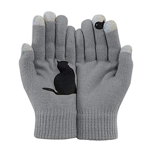 LIANGFANG Touchscreen Handschuhe Damen Winterhandschuhe Mit Katze Und Fisch Motiv,Frauen Herbst Winter Strick Gloves Radfahren FüR Women Fingerhandschuhe Sport Warm Winddicht, Beige, Einheitsgröße von LIANGFANG