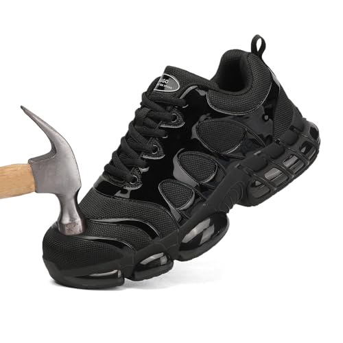 LIANGGO Schuhe mit Stahlkappe für Damen und Herren aus Verbundmaterial, bequem, Arbeitssicherheit, leicht, unzerstörbar, rutschfest, Walking-Sneaker, Zapatos De Trabajo para Hombres Mujer, Schwarz von LIANGGO