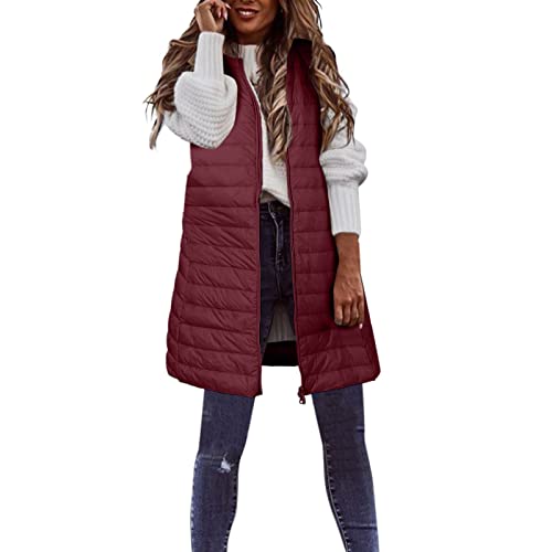 Ärmellose Daunenweste Damen, Ohne Kapuze Übergangsjacke Lang Dicke Reitweste Gesteppt Steppweste Zip Up Winterjacke Damen Lang Herbst Oversize Weste Mit Reissverschluss Taschen Casual Kapuzenjacke von LIANGTUOHAI