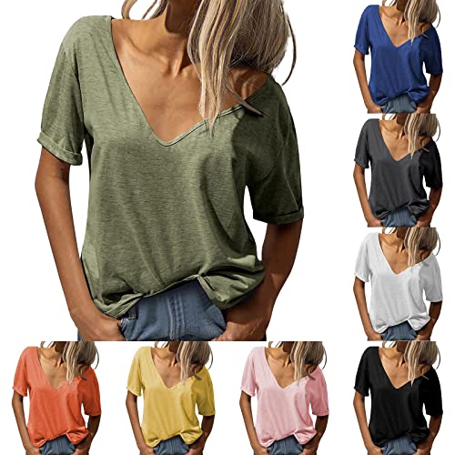 Damen Mode tiefer V-Ausschnitt Kurzarm Tops Solide Lässiges Lose Basic Sommer T Shirt Oversize Kurzärmeliges Sexy T-Shirt Große Größen von LIANGTUOHAI