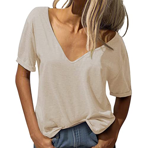 Damen Mode tiefer V-Ausschnitt Kurzarm Tops Solide Lässiges Lose Basic Sommer T Shirt Oversize Kurzärmeliges Sexy T-Shirt Große Größen von LIANGTUOHAI