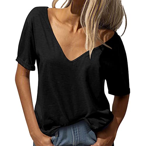 Damen Mode tiefer V-Ausschnitt Kurzarm Tops Solide Lässiges Lose Basic Sommer T Shirt Oversize Kurzärmeliges Sexy T-Shirt Große Größen von LIANGTUOHAI