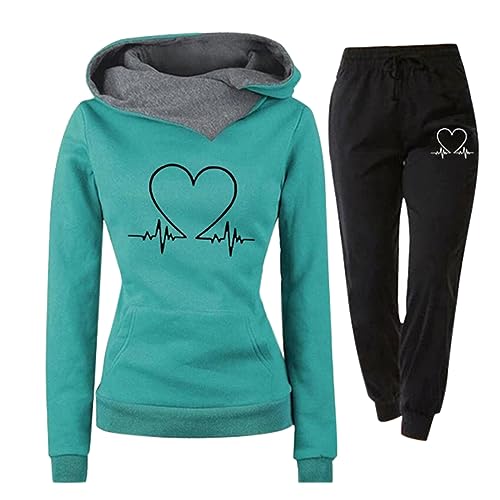 Damen Trainingsanzug Set 2-Teilig Heartbeat Print Hoodie Outfit Sport und Freizeit Kapuzenpullover Jogginganzug Elegant Slim mit Taschen Hosenanzug Outdoor Oversize Sweatshirt Hosenanzug Damen Set von LIANGTUOHAI