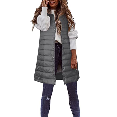 Dünne Lange Steppweste Damen, Warm Gesteppt Weste Knielang Warme Herbstmantel Ärmelloser Daunenjacke Mittellange Damen Steppweste Weiss Frühling Elegante Reitweste Geeignet Für Herbst Und Winter von LIANGTUOHAI