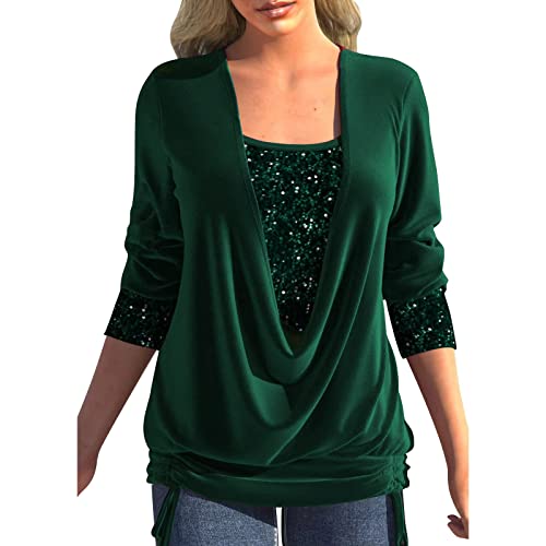 Glitzer Oberteil Damen Langarm Tops Weihnachten Tuniken Quadratischer Ausschnitt T-Shirt Glänzende Tunika Elegant Oberteil Casual Longbluse Glitzer Xxl Festliches Karneval Glitzertop Bluse von LIANGTUOHAI