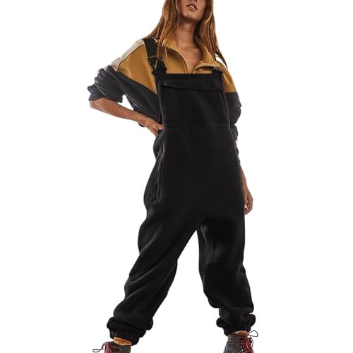 Jumpsuits Für Damen Lässiger Latzhose Damen Arbeitshose Fleece Warme Overalls Winter Latzhosen Mit Taschen Retro Haremshose Verstellbare Riemen Overalls Damen Latzhosen Blau Jumpsuit Schwarz von LIANGTUOHAI