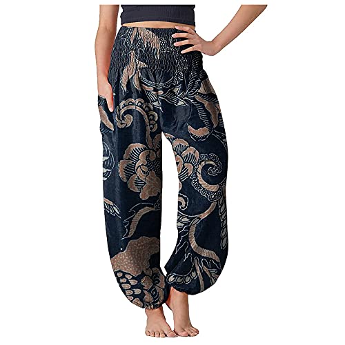 LIANGTUOHAI Damen Pant Lange Haremshose Schlupfhose Boho Strandhose Sommerhose Dünne Haushose Bedruckte Relaxhose Luftige Freizeithose Stoffhosen Schick Pumphose Aladinhose mit Taschen Jogginghose von LIANGTUOHAI