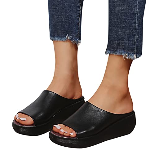 LIANGTUOHAI Hausschuhe Badeschuhe Damen Sommer Keilsandalen Schlappen mit Keilabsatz Slide Bohemia Ledersandalen Mode Sommersandalen offene Zehentrenner Badelatschen Rutschfest Frauen Badeschuhe von LIANGTUOHAI