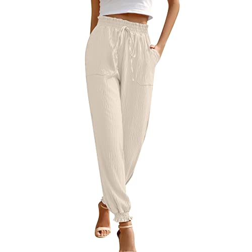 LIANGTUOHAI Leinenhosen Damen Leichte Sommerhose Leicht Einfarbig Sommerhosen Sommerlich Soft Chino Hose Hochelastische mit Kordelzug Sauna-Hose Regular Fit Straight Bein Hose Yogahose Stoffhose von LIANGTUOHAI