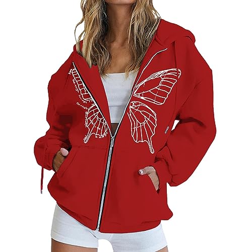 LIANGTUOHAI Sweatshirt-Schmetterlings-bedruckte, wattierte Jacke, lockere Kapuzenjacke mit Reißverschluss Hell Grauer Mantel Damen (Red, S) von LIANGTUOHAI